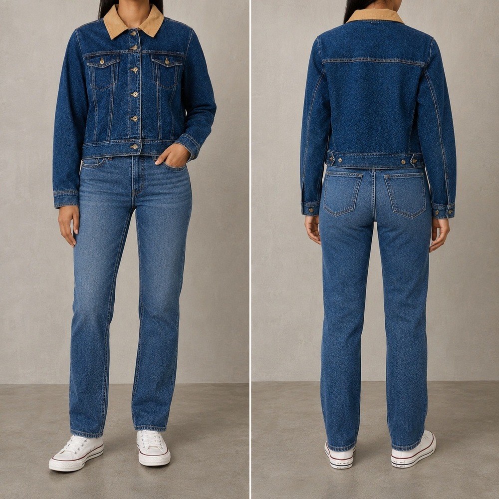 Studio Ease Denim Jacket Womens 10 Blue Cotton Trucker Suede Collar Button Front